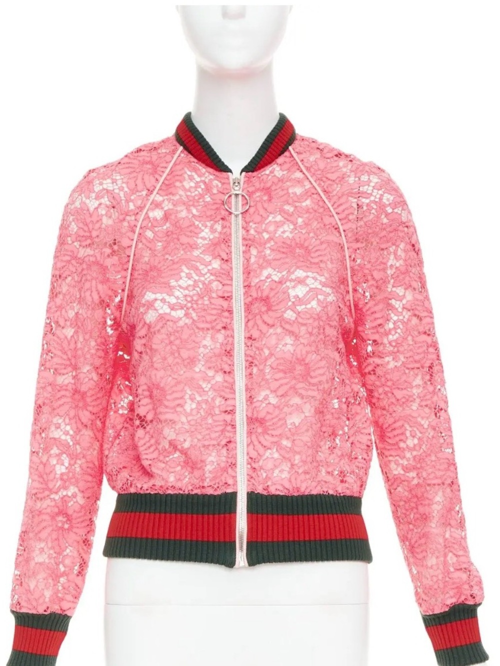 Gucci Pink Lace Bomber Jacket with Green & Red Trim